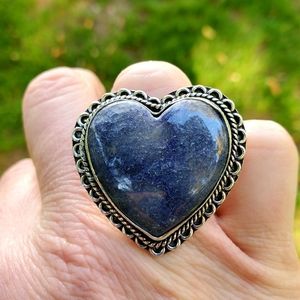 New Heart Shaped Sodalite 925 Silver Statement Ring.